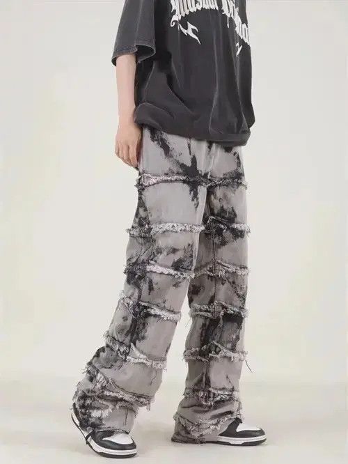 VIBE Striped Tassel Frayed Straight Baggy Jeans Size US 32 / EU 48 - 4 Thumbnail