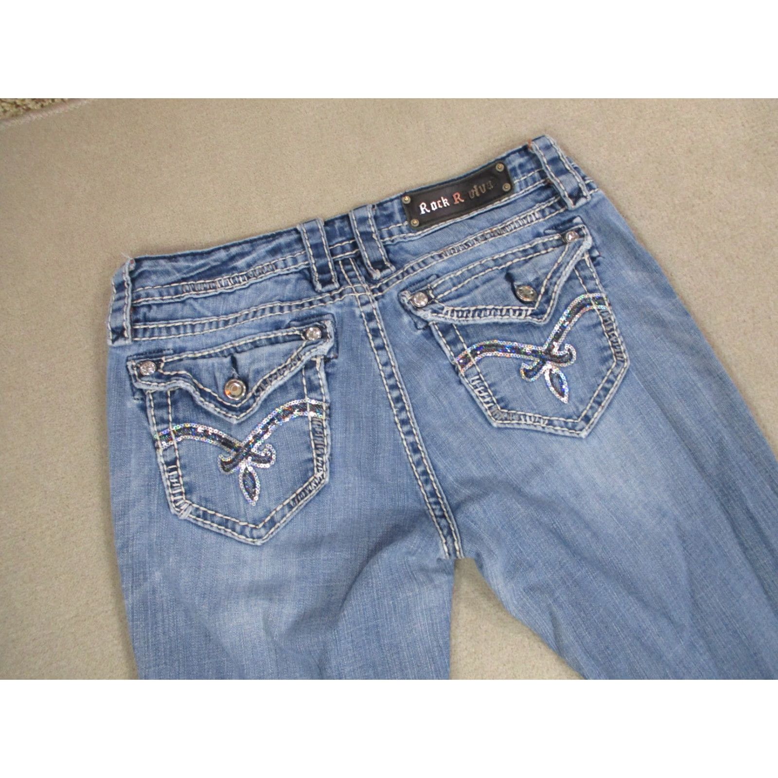 Vintage Rock Revival Jeans Womens 29 Blue Bootcut Medium Wash Rhinestones Logo Pockets Regular Denim Cotton Vintage No Size 29" - 2 Thumbnail