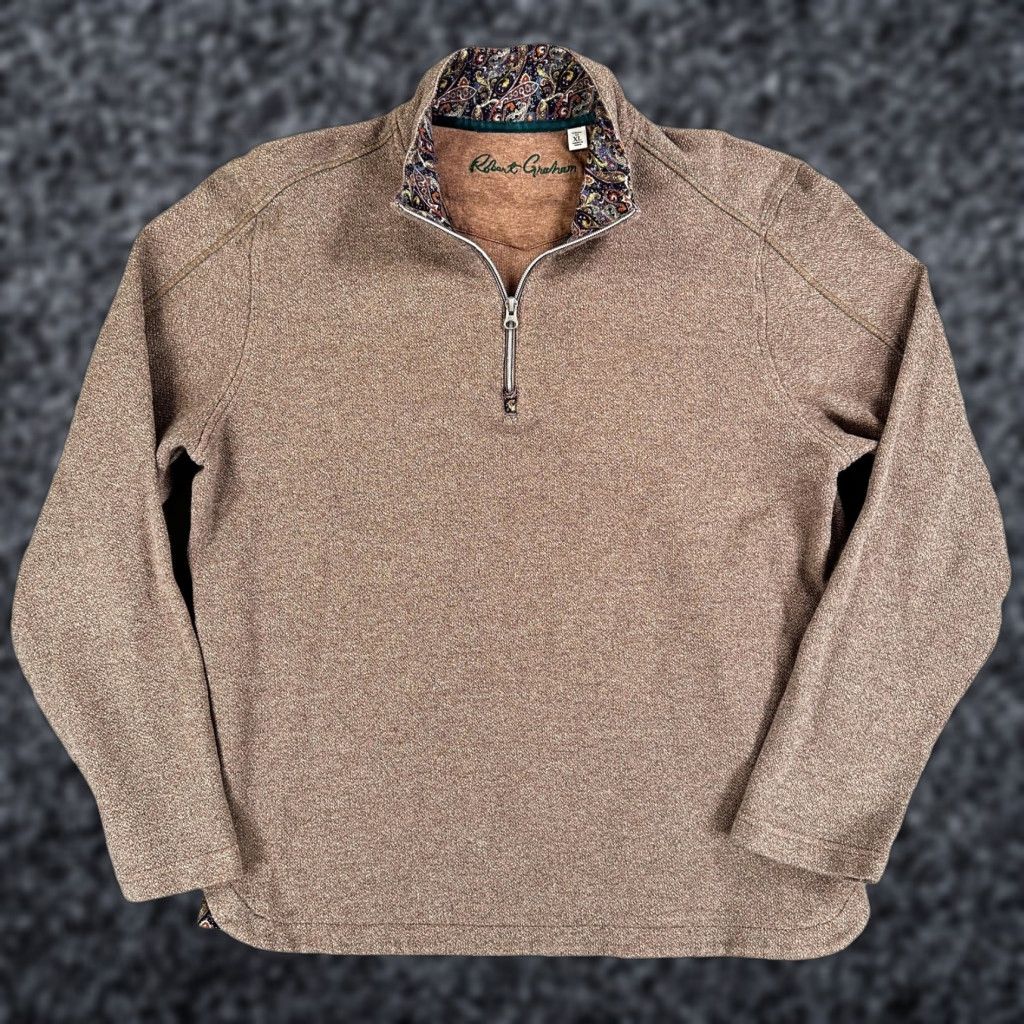Robert Graham Robert Graham Sweater Mens XL Brown 1/4 Zip Mock Neck Paisley Trim Pullover Size US XL / EU 56 / 4 - 1 Thumbnail