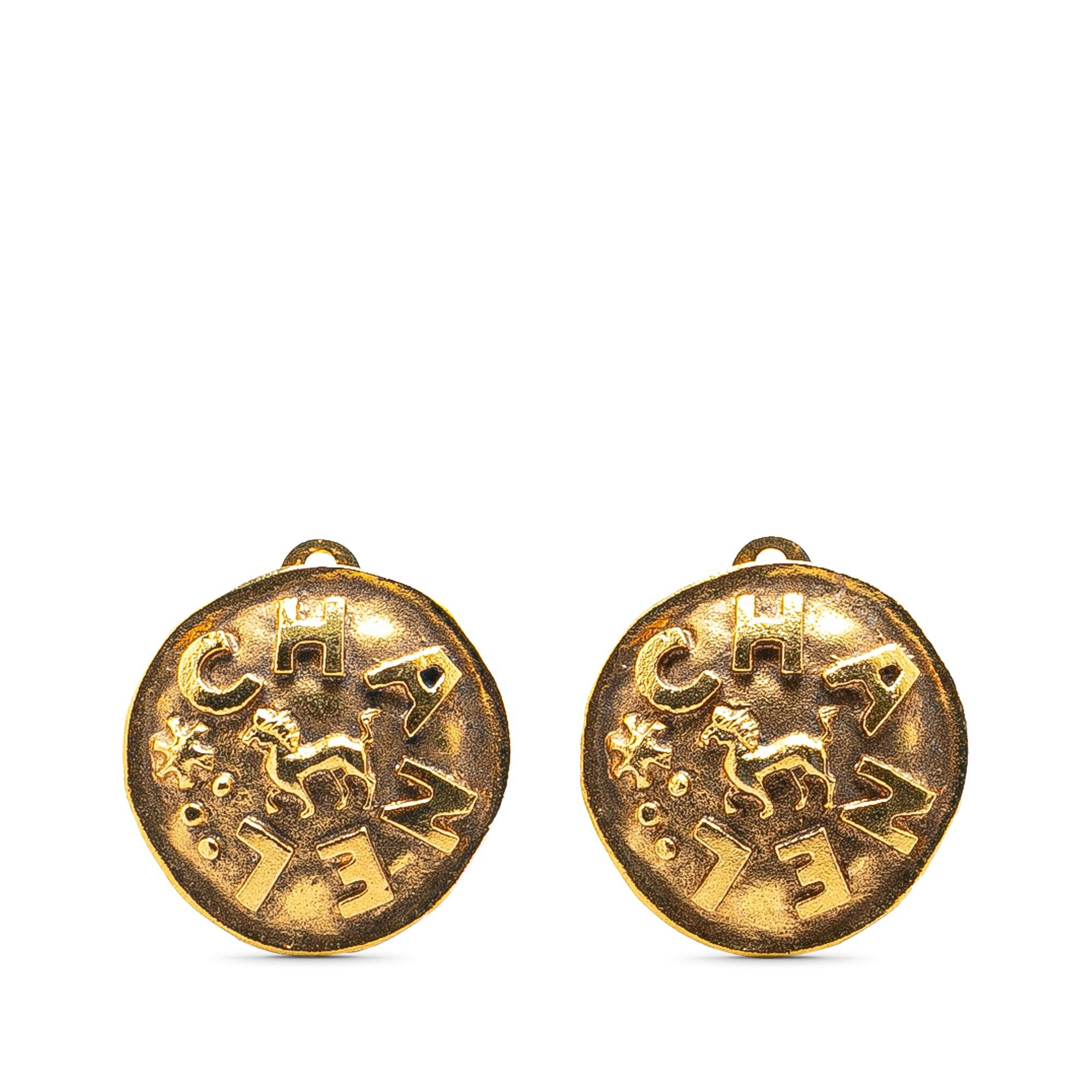 Chanel Chanel Gold Plated Logo and Lion Clip On Earrings Gold Size ONE SIZE - 1 Thumbnail