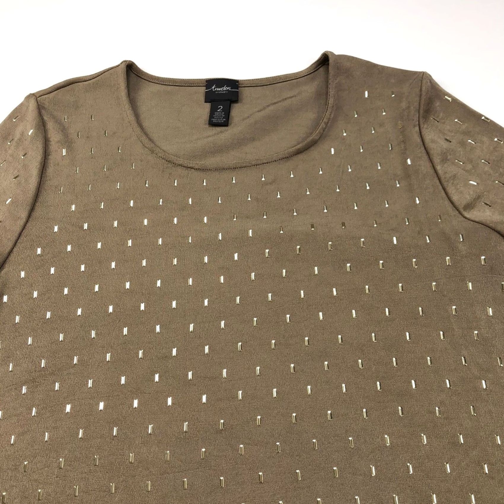 Vintage Travelers By Chico's Blouse Shirt Womens 2 Acetate Slinky Detailed Asymmetrical Pullover Top Short Sleeve Round Neck Brown XS? Size XS / US 0-2 / IT 36-38 - 3 Thumbnail