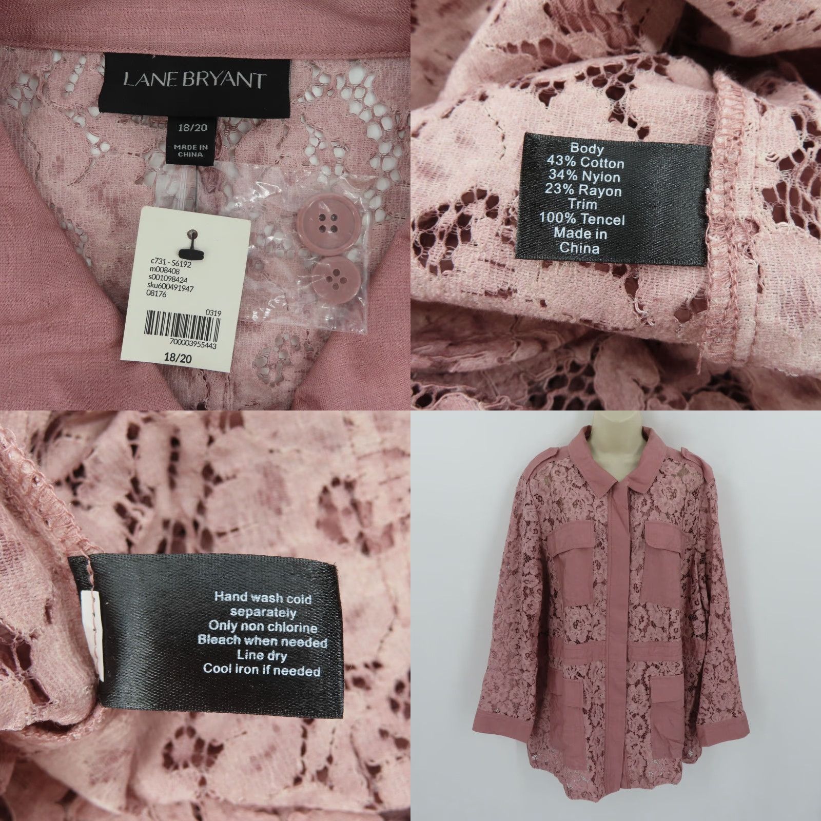 Vintage Lane Bryant Women 18/20 Purple Pink Floral Sheer Lace Long Sleeve Blouse NEW Size XXL / US 16-18 / IT 52-54 - 8 Thumbnail
