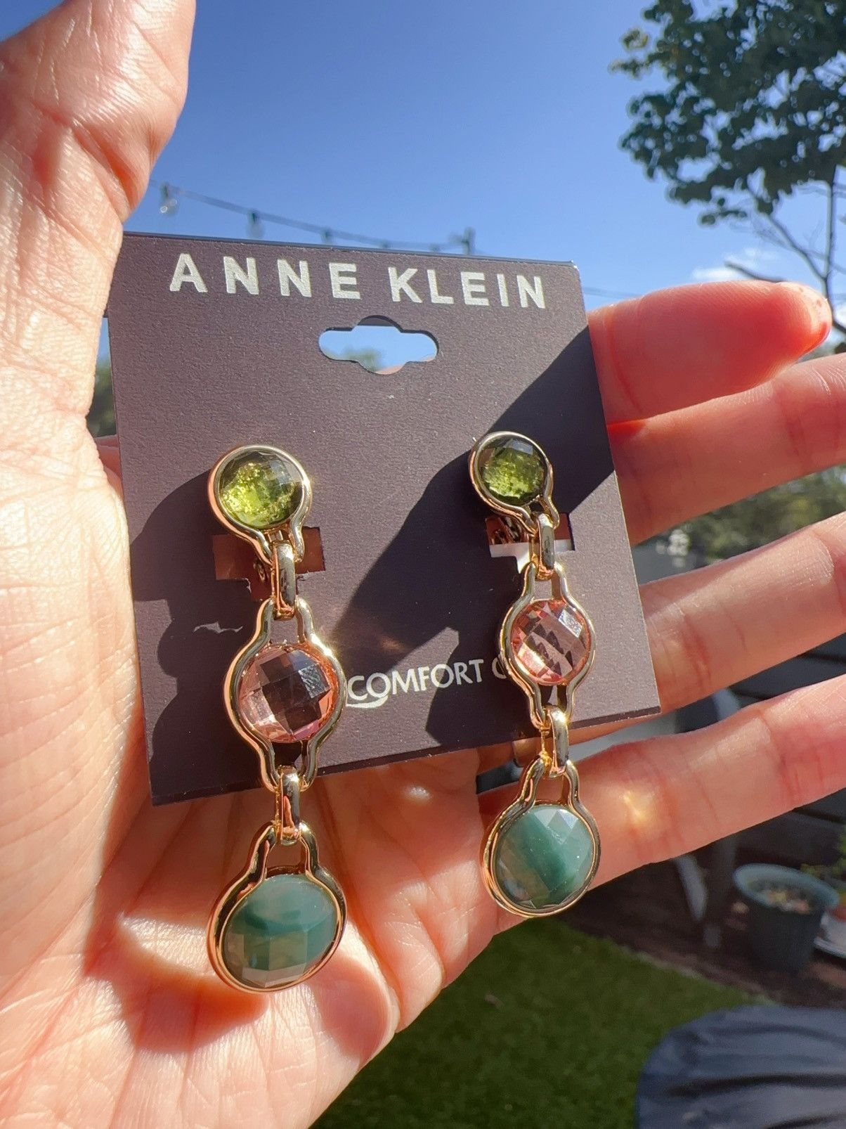 Anne Klein × Designer Anne Klein gold tone natural stone pink green drops earrings Size ONE SIZE - 3 Thumbnail