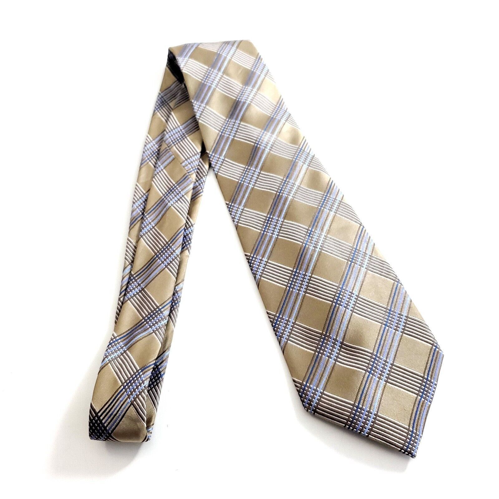 Banana Republic Banana Republic Gold Tan Blue Plaid Woven Wide Silk Tie Size ONE SIZE - 6 Thumbnail