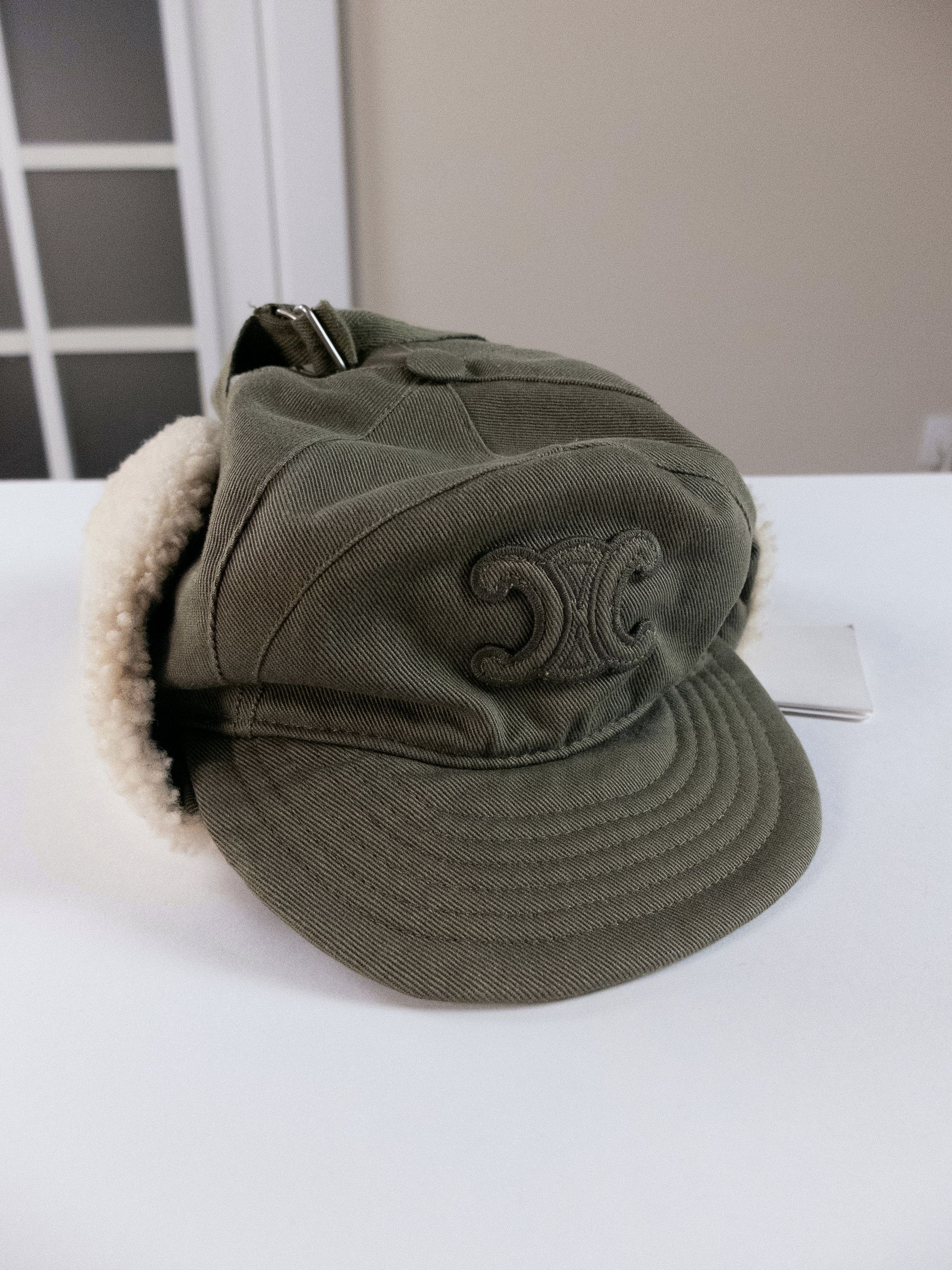 Celine CELINE Triomphe Chapka Shearling & green cotton ear flap hat Size ONE SIZE - 4 Thumbnail
