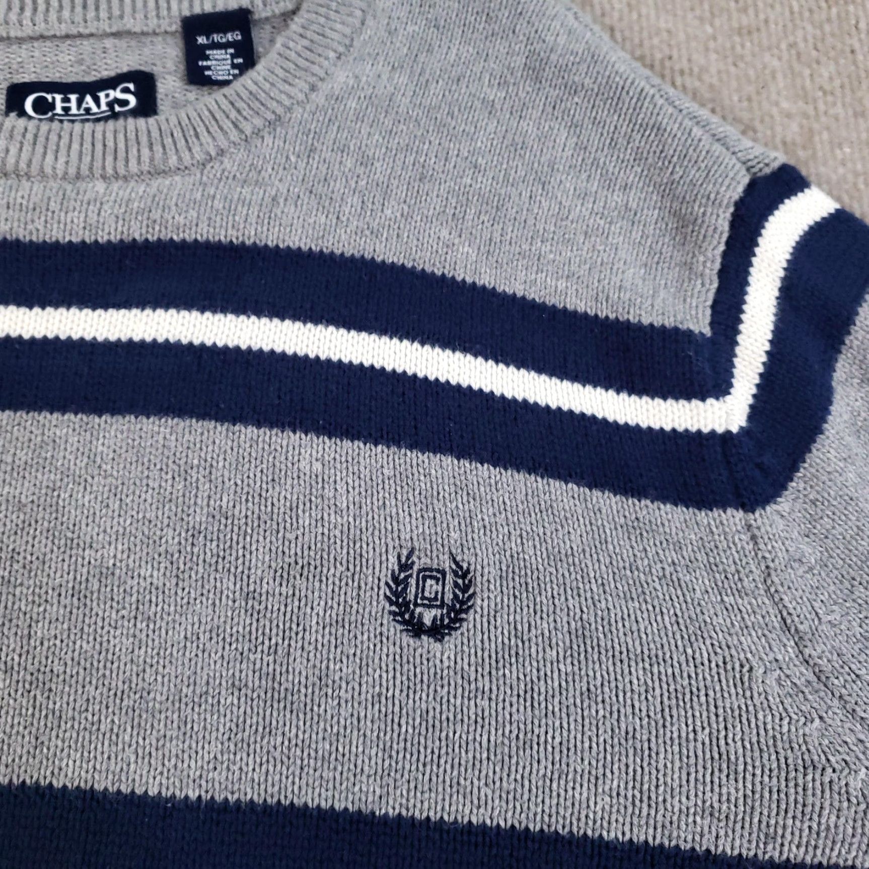 Chaps Chaps Sweater Mens Extra Large Gray Blue Striped Cotton Crewneck Pullover Casual Size US XL / EU 56 / 4 - 7 Thumbnail