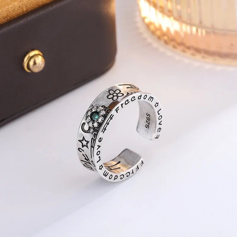 Jewelry × Vintage 925 Sterling Silver Flower Green Crystal Woman Rings Size ONE SIZE - 4 Thumbnail