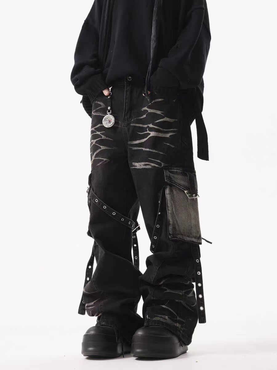 Vintage Street Hip Hop Punk Striped Workwear Black Jeans