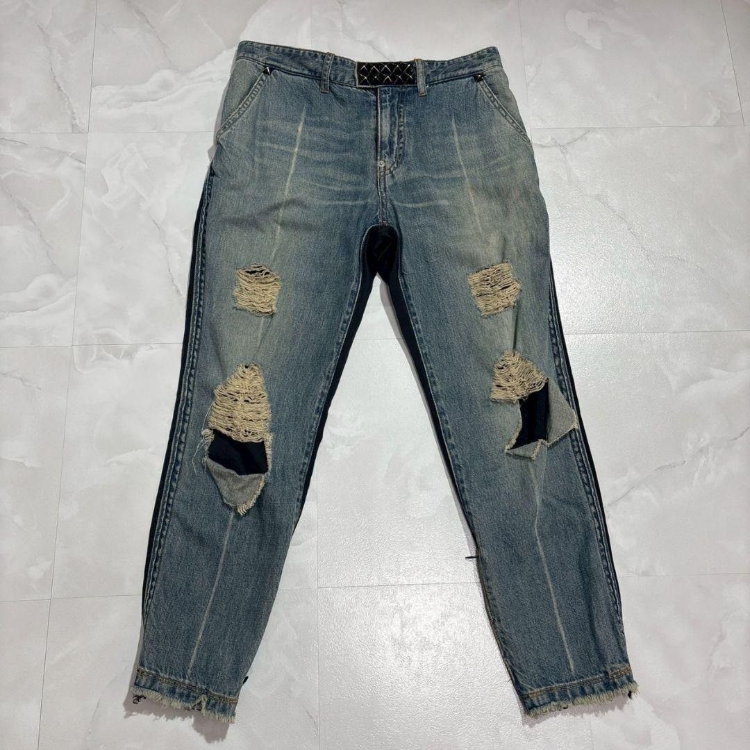 Undercover Studded Cropped Denim Silk Panel Distressed Knees Zip Hem Size US 30 / EU 46 - 1 Thumbnail