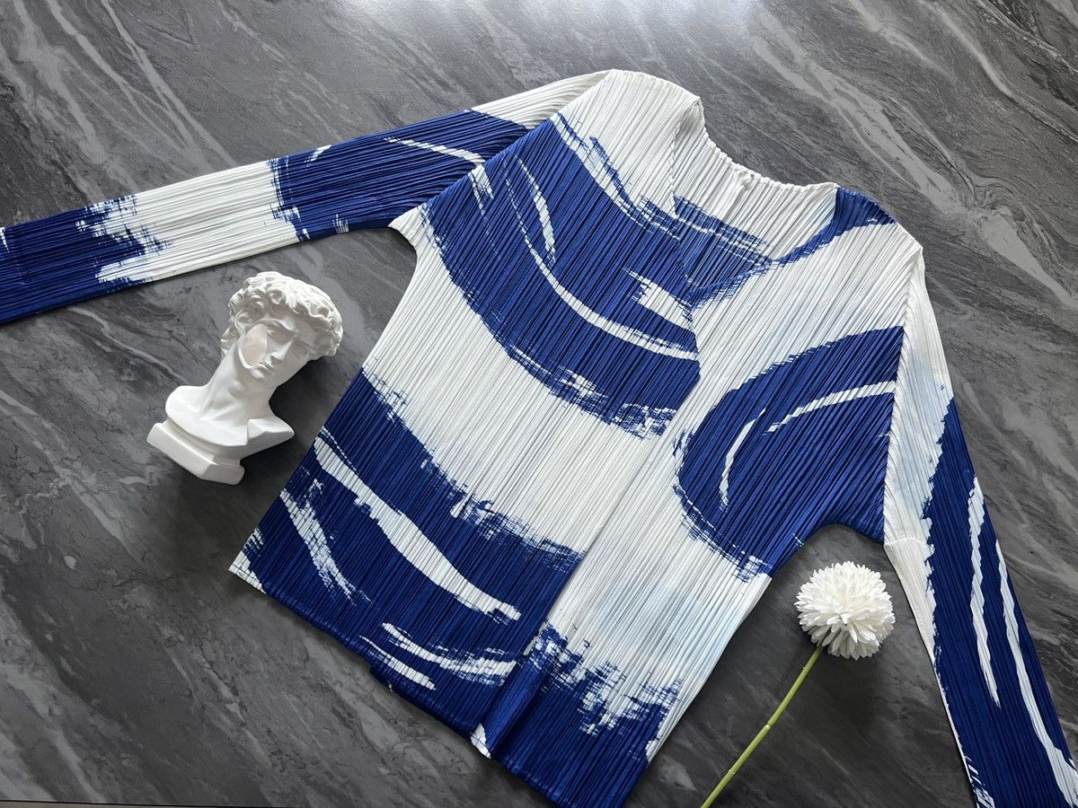image of Issey Miyake : Pleats Please Long Sleeve Blue Brush Draw in Blue/White, Women's