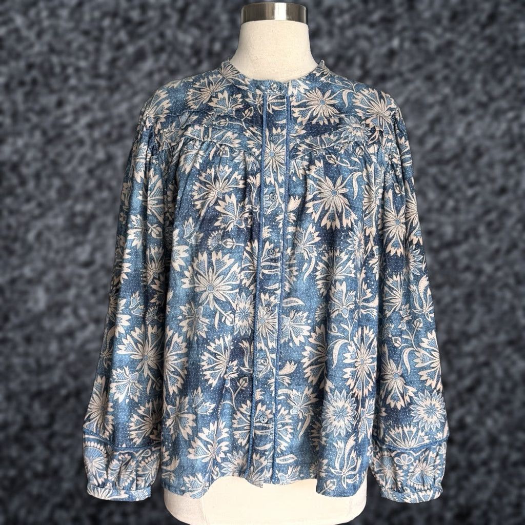 Vintage Chufy Blouse Shirt Top Multi Blue Button Front Organic Cotton 100% Relaxed Bohemian Puff-Sleeve Blouson Sleeve Round Neck Casual Women Regular Size L Size S / US 4 / IT 40 - 1 Thumbnail