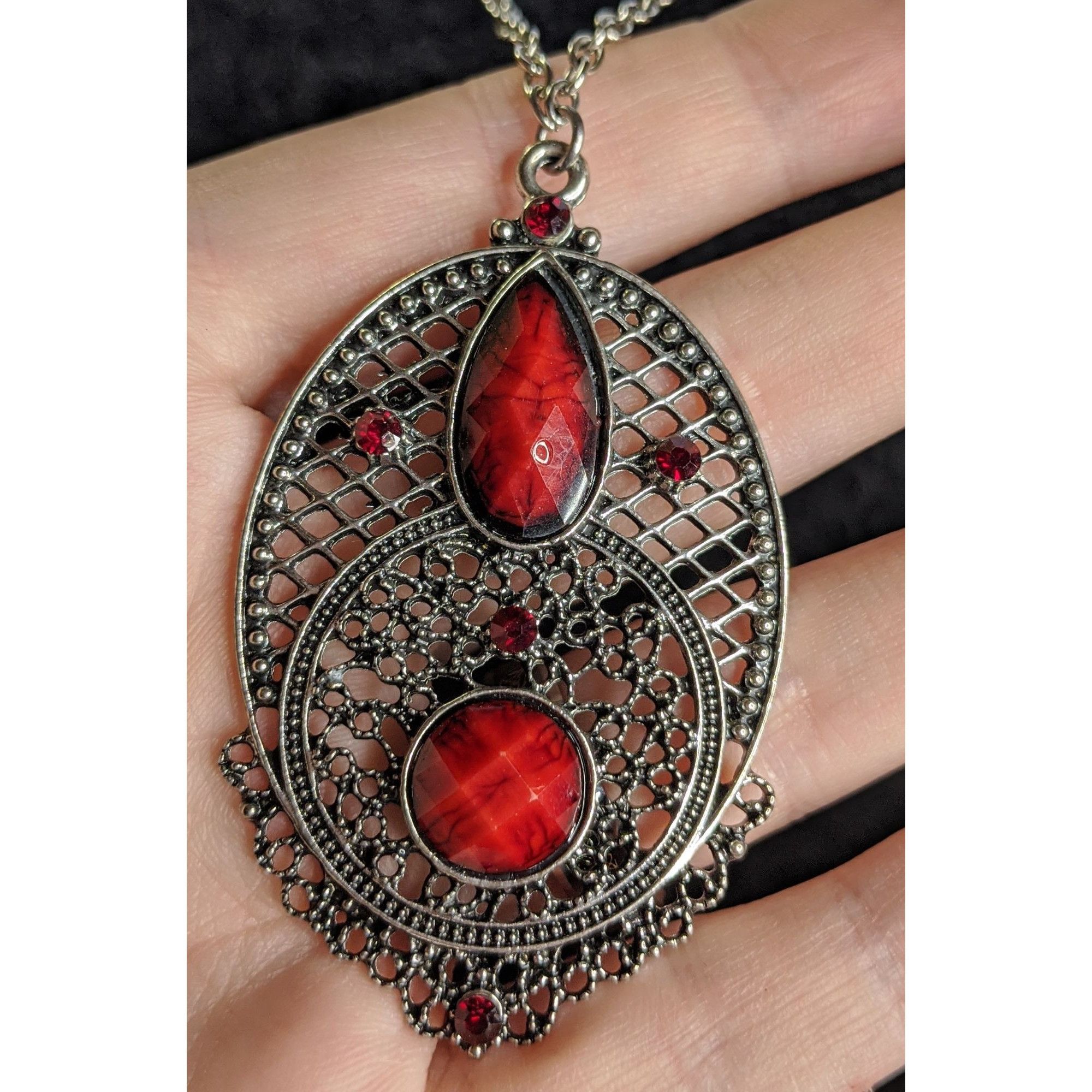 Other Gothic Oval Pendant Necklace With Red Faux Gemstones & Filig Size ONE SIZE - 1 Thumbnail