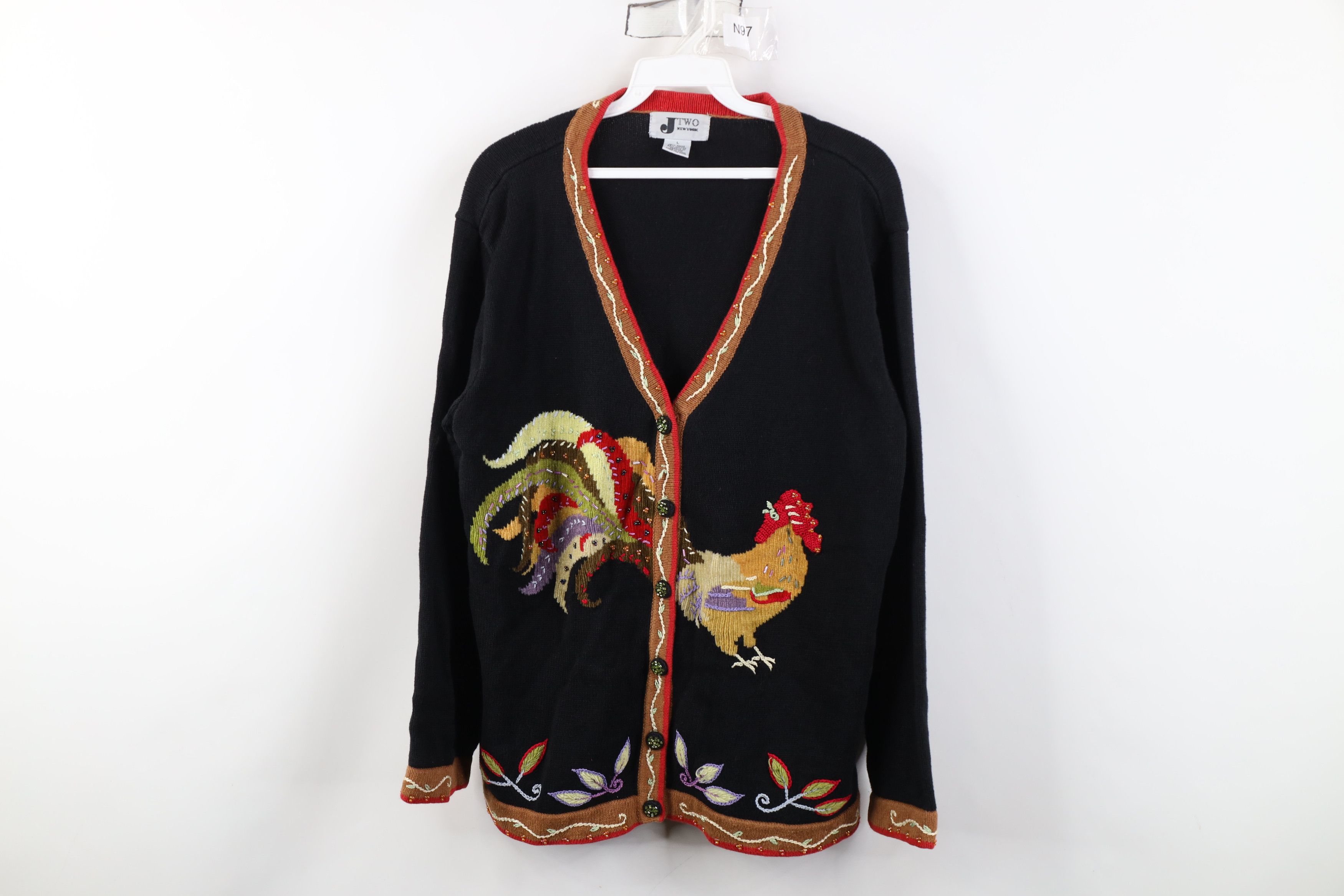 Vintage Vintage 90s Streetwear Embroidered Chicken Cardigan Sweater Size L / US 10 / IT 46 - 1 Thumbnail