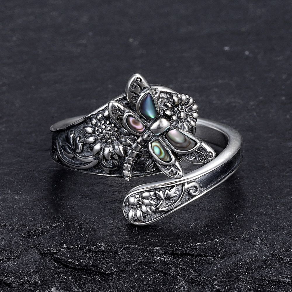 Sterling Silver Resizable 925 Silver Dragonfly Sunflower Victorian Ring Size ONE SIZE - 1 Thumbnail