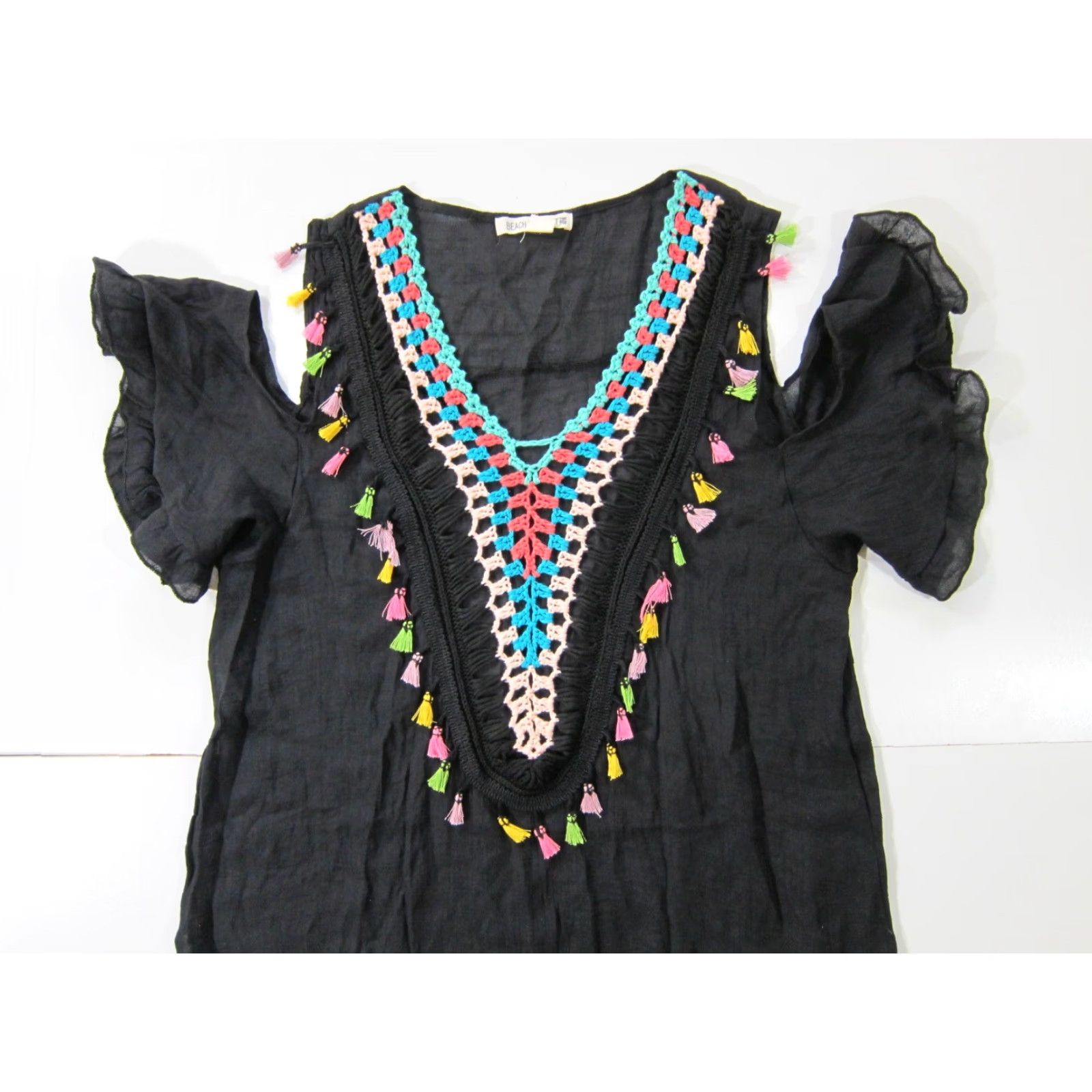 Vintage Beach By Exist Black Sheer Rayon Knit Tassel Off Shoulder Cover Tunic Dress S/M Size M / US 6-8 / IT 42-44 - 7 Thumbnail