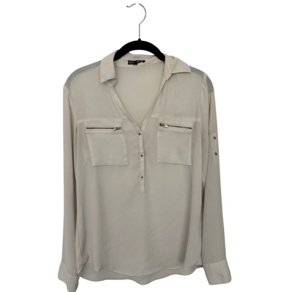 Express Express Lightweight Collared Blouse | Size S | White Zip-Poc Size S / US 4 / IT 40 - 2 Thumbnail