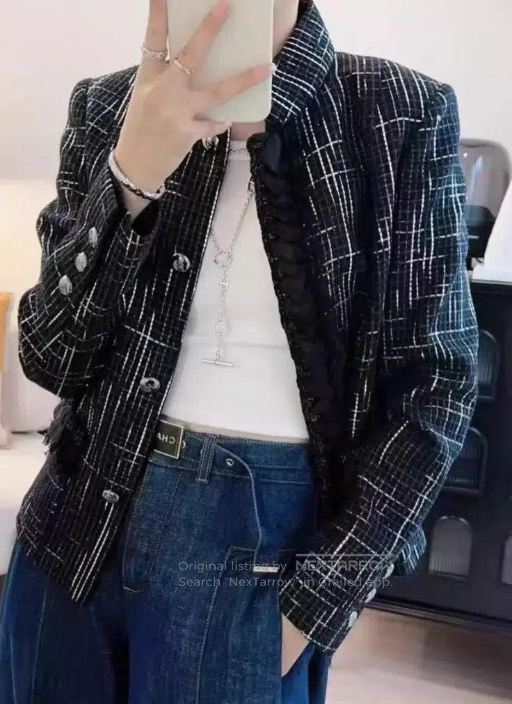 Chanel Chanel Silver plaid wavy rolled edge woven jacket Size XS / US 0-2 / IT 36-38 - 8 Thumbnail