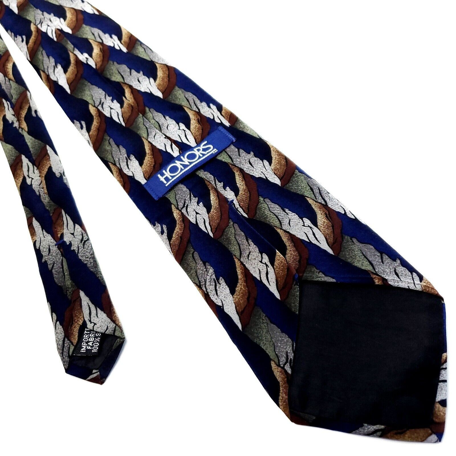 Designer Honors Silk Tie Print Blue Brown Gray Short Wide Size ONE SIZE - 3 Thumbnail