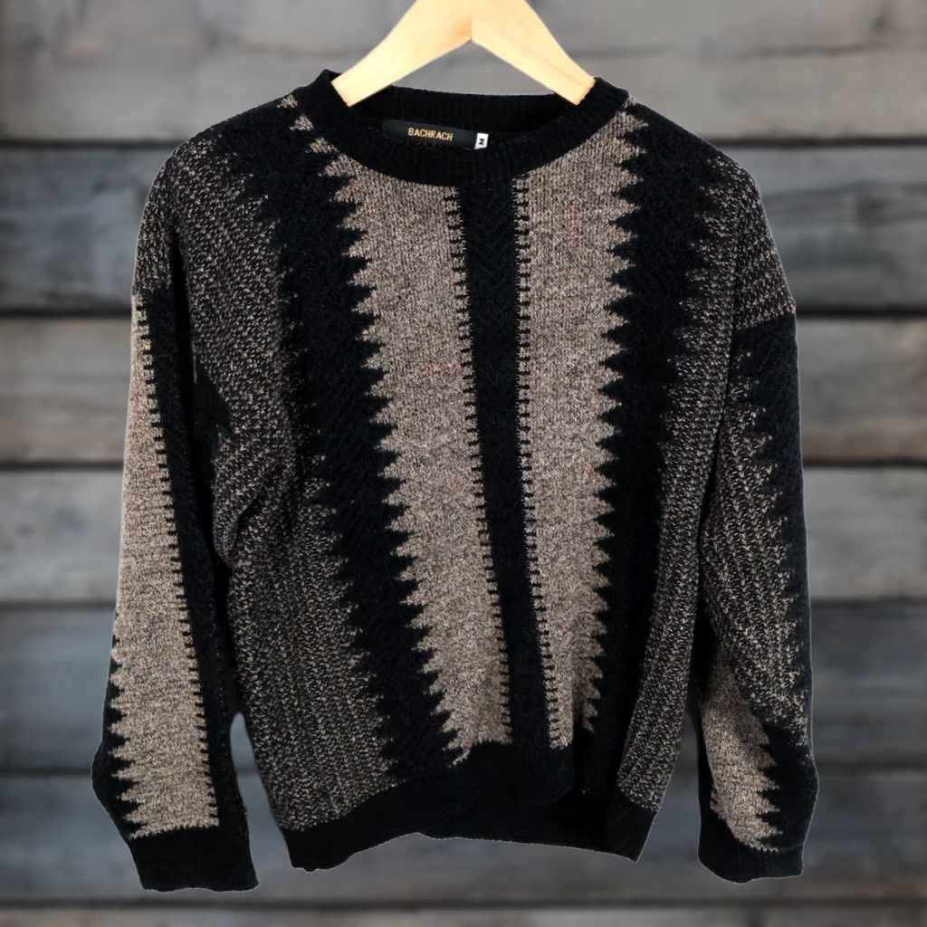 Vintage VINTAGE Bachrach Sweater Mens Medium Black Beige Textured Stripe Pattern 90s Dad Style Pullover Crew Neck Knit Size US M / EU 48-50 / 2 - 1 Thumbnail