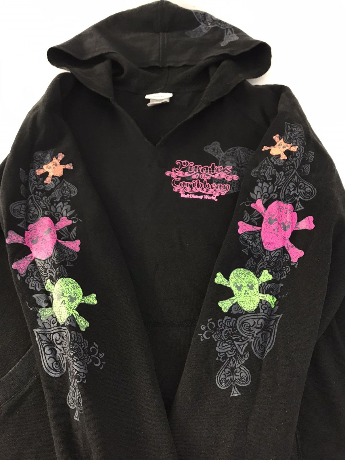 image of Vintage Pull Over Hoodies Pirate Of The Caribbean Tatoo Skull Design in Black, Women's (Size Large)