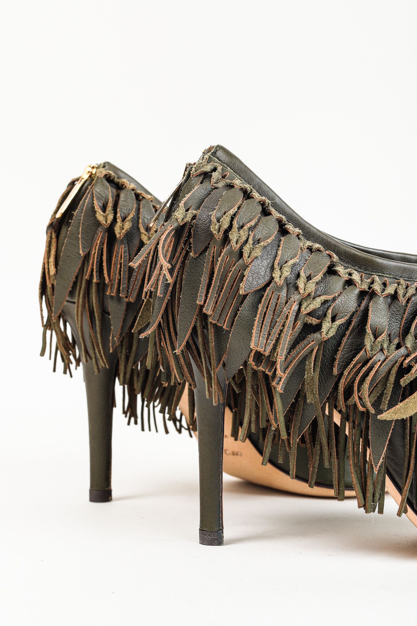 Sergio Rossi Sergio Rossi Green Leather Fringe Peep-Toe Bootie Size US 7.5 / IT 37.5 - 7 Thumbnail