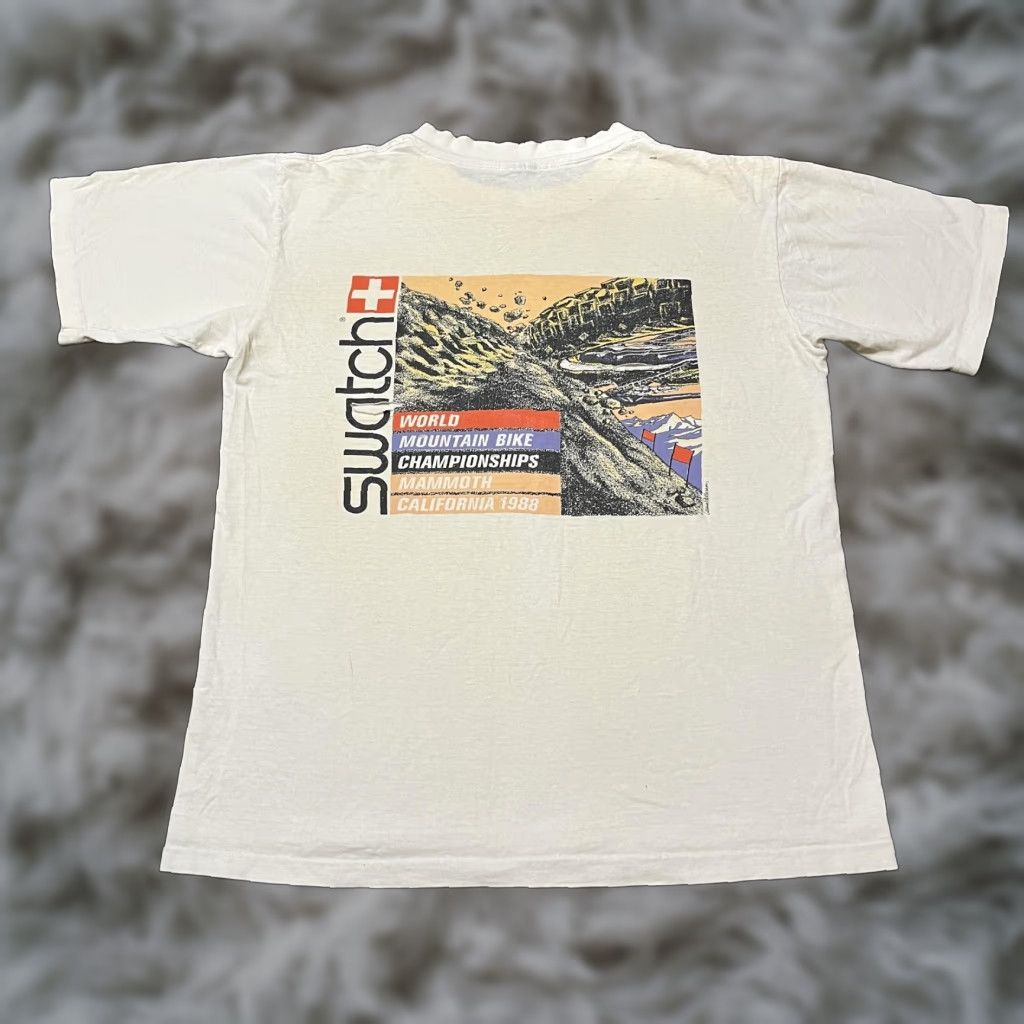 VINTAGE Swatch World Mountain Bike Championships T-Shirt Mens Medium White 80s Graphic Print Short Sleeve Crew Neck 1988