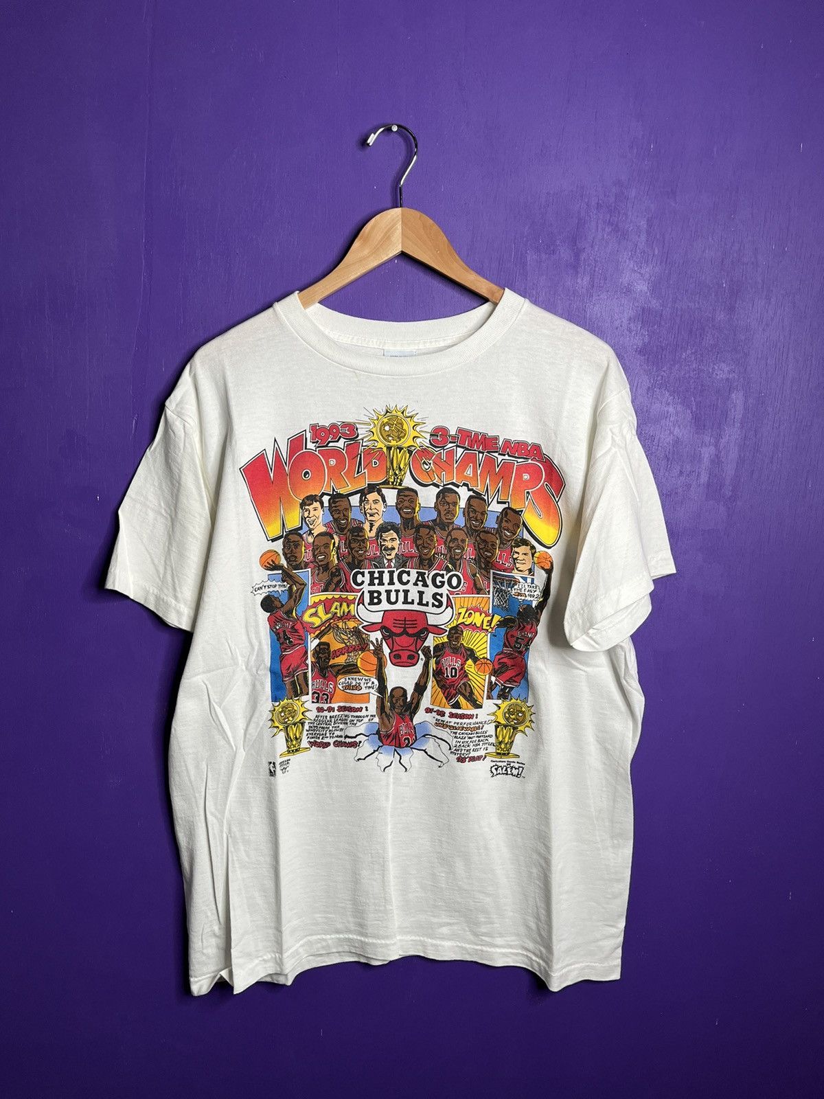 image of NBA x Salem Vintage 1993 Salem Chicago Bulls Champs Comic T-Shirt in White, Men's (Size Large)