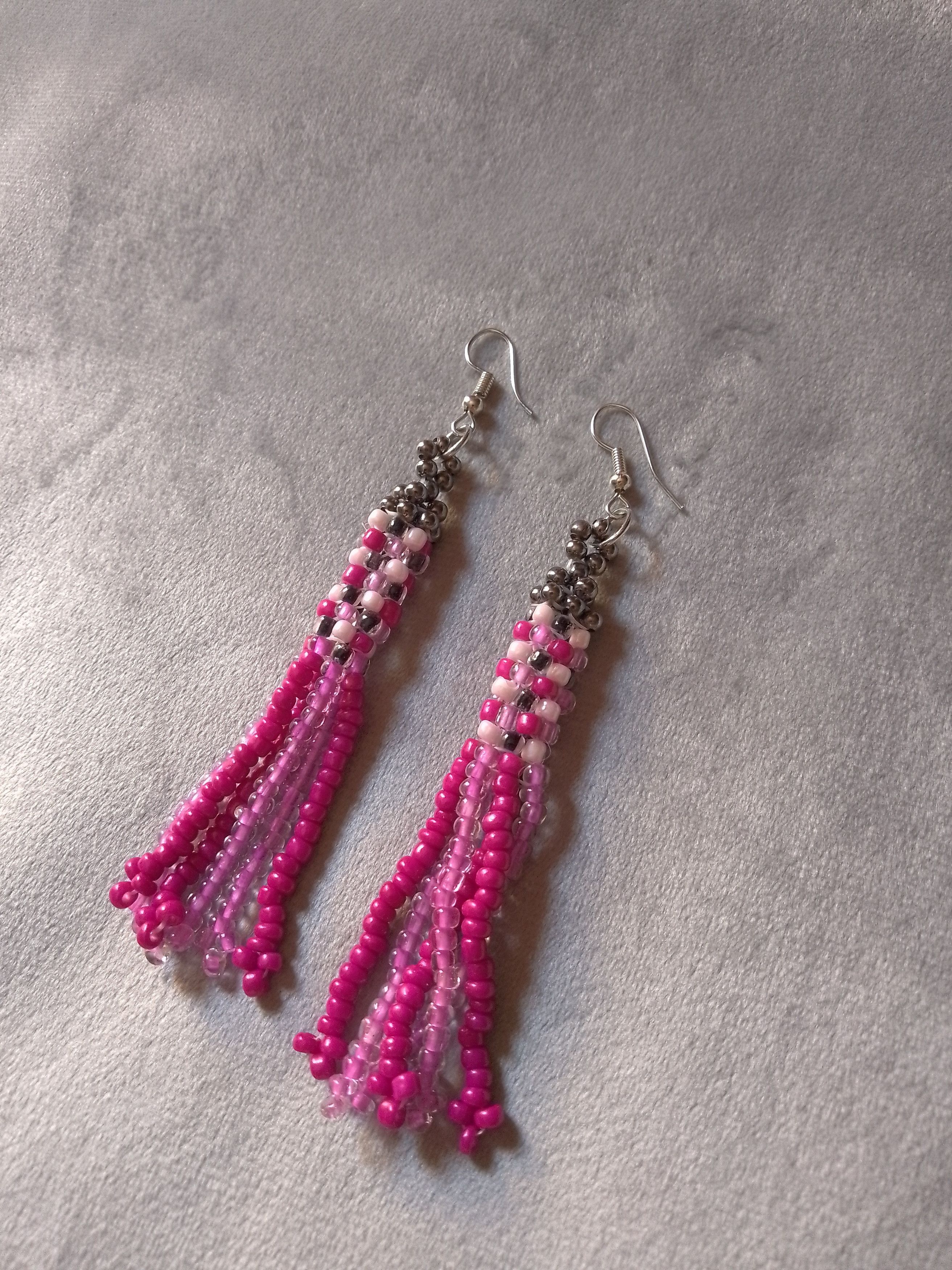Handmade Earrings Long Bangs Chessboard Pattern Pink Size ONE SIZE - 1 Thumbnail