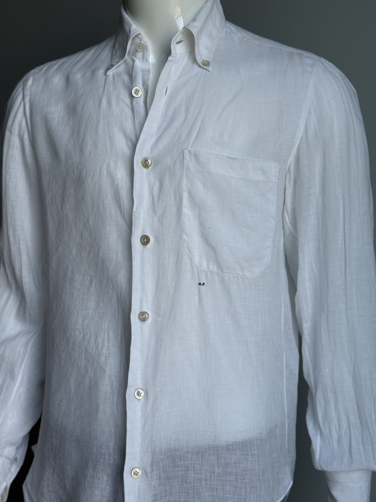 Kiton Kiton 100% Linen One Pocket Button Shirt White Mens Size US M / EU 48-50 / 2 - 10 Thumbnail