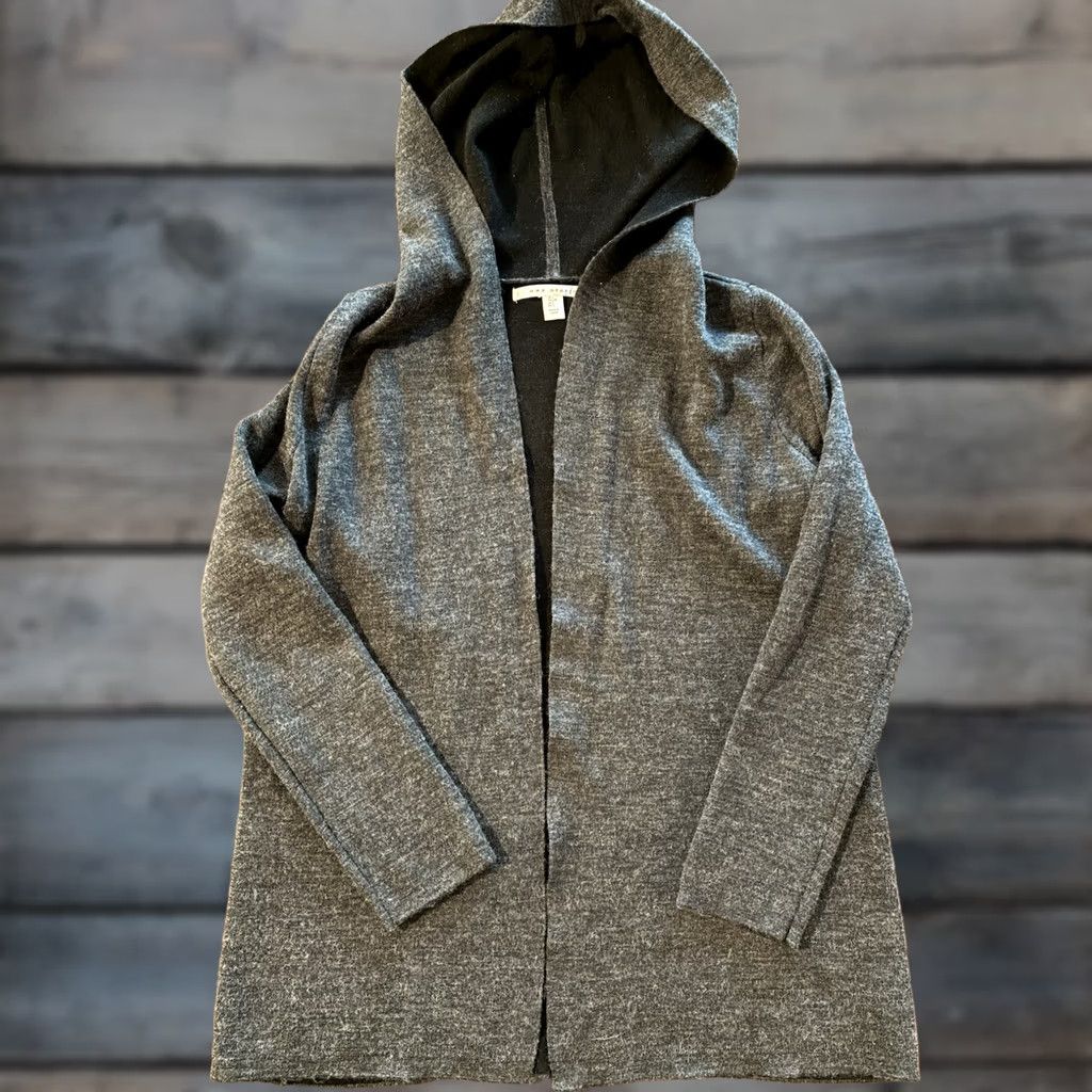 Vintage MAX STUDIO Wool Blend Hooded Long Duster Cardigan Open Front Charcoal Grey Large Size L / US 10 / IT 46 - 1 Thumbnail