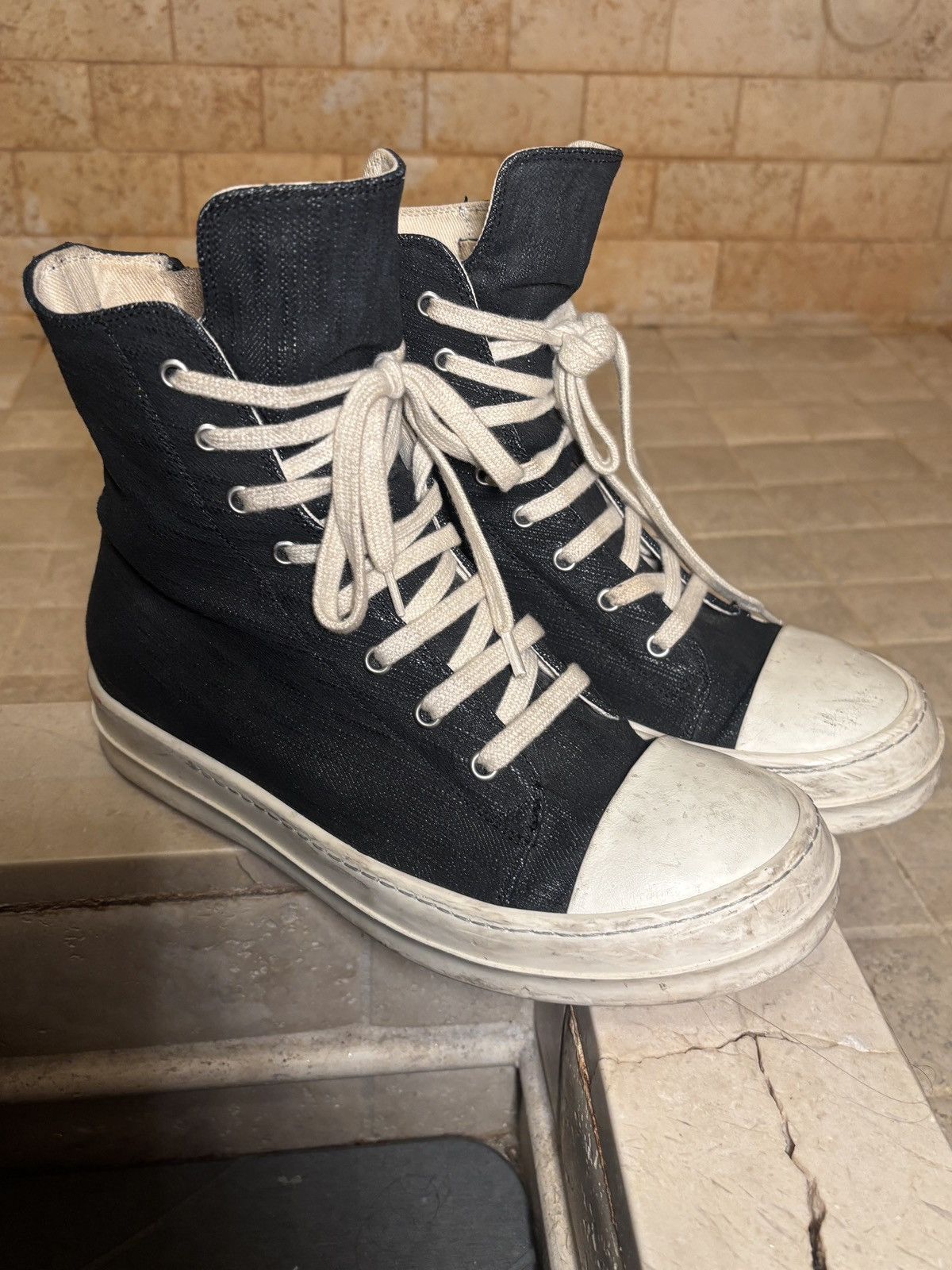 Rick Owens Rick Owens DRKSHDW Waxed Denim High Top Ramones Size US 7 / EU 40 - 1 Thumbnail