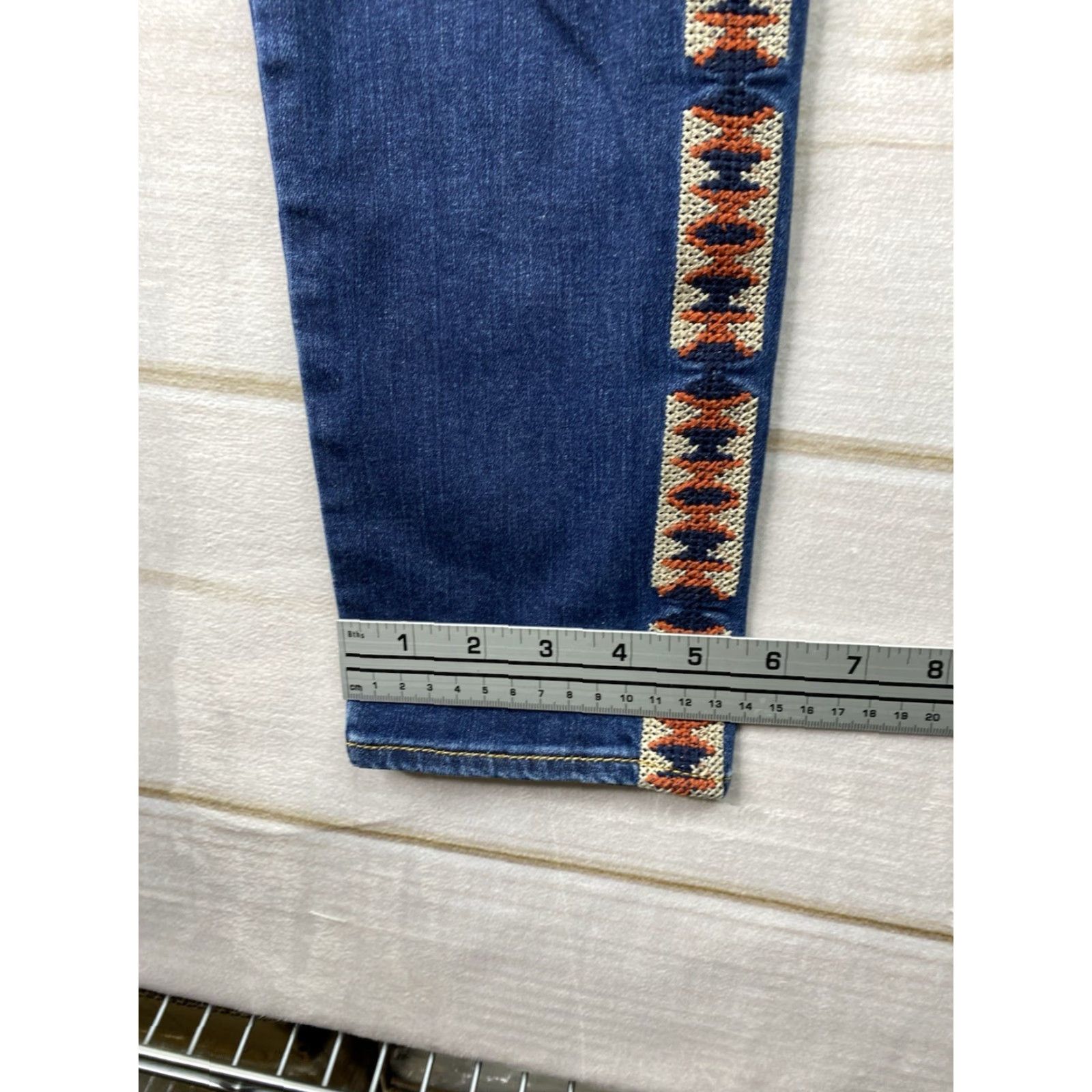 Vintage Driftwood Jackie High Rise Jeans Womens 29 Aztec Embroidered Skinny Stretch Denim Jeans Blue Geometric Bohemian 90s style Womens Size 29" - 7 Thumbnail