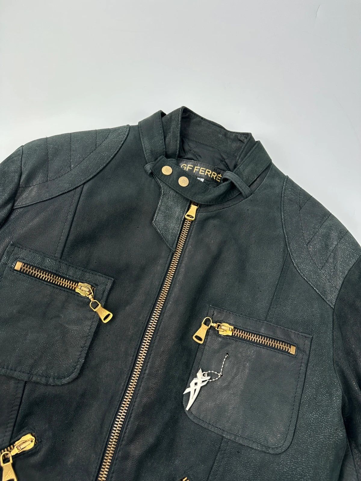 Gianfranco Ferre Gianfranco Ferre Black Leather Biker 6 Zip Padded Jacket Size US L / EU 52-54 / 3 - 5 Thumbnail
