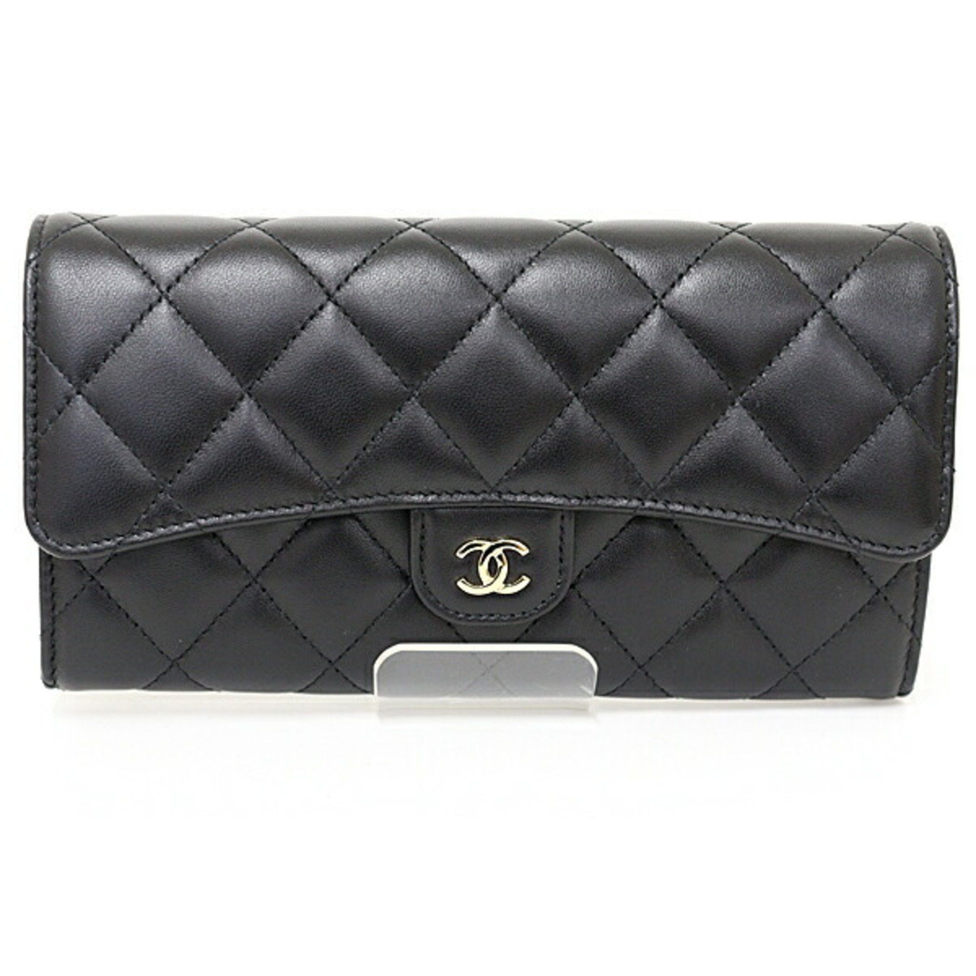 image of Chanel Classic Long Flap Wallet Bi-Fold Matelasse Lambskin Ap0241 Black, Women's