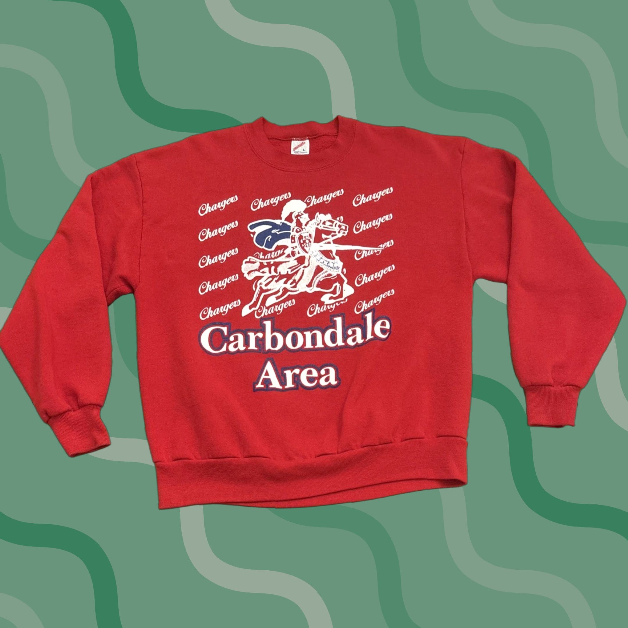 Jerzees VINTAGE Jerzees Crew Neck Sweatshirt Red L Men Carbondale Area Chargers Pennsylvania 90s High School Pullover EUC Chargers, USA, 90s Size US L / EU 52-54 / 3 - 1 Thumbnail