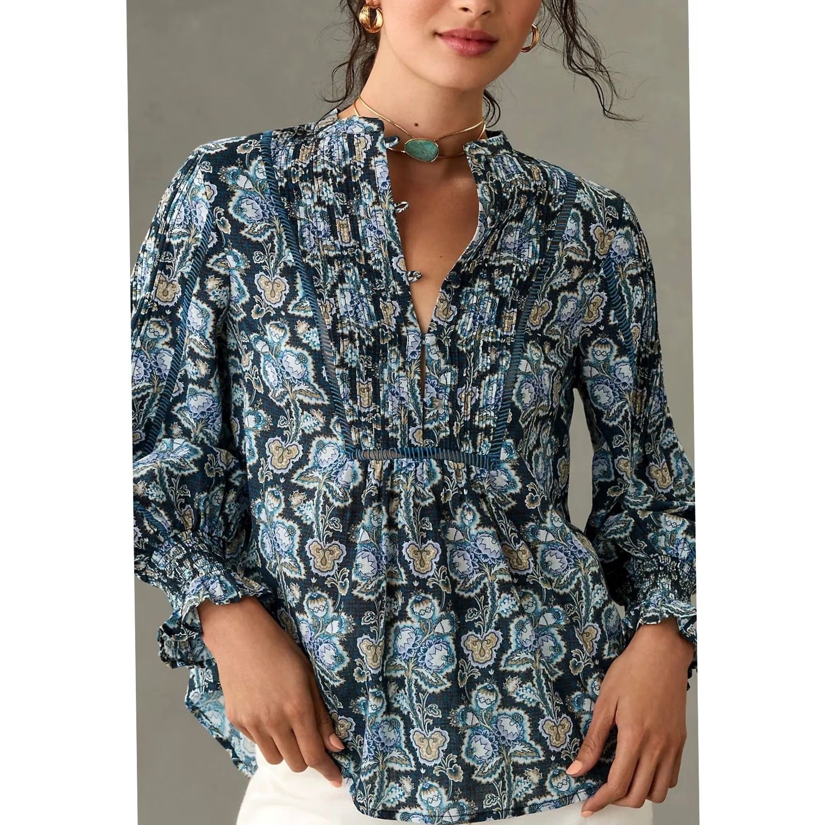 Anthropologie By Anthropologie Henley Peasant Blouse Blue Floral Popover 100% Cotton Womens S Size S / US 4 / IT 40 - 2 Thumbnail