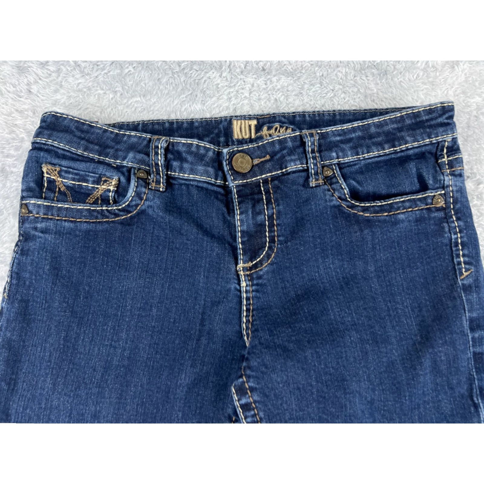 Vintage KUT from the Kloth Jeans Women 8 Blue Denim Flared Low Rise 30x29 Cotton Stretch Distressed Embroidered Logo Size 30" / US 8 / IT 44 - 4 Thumbnail