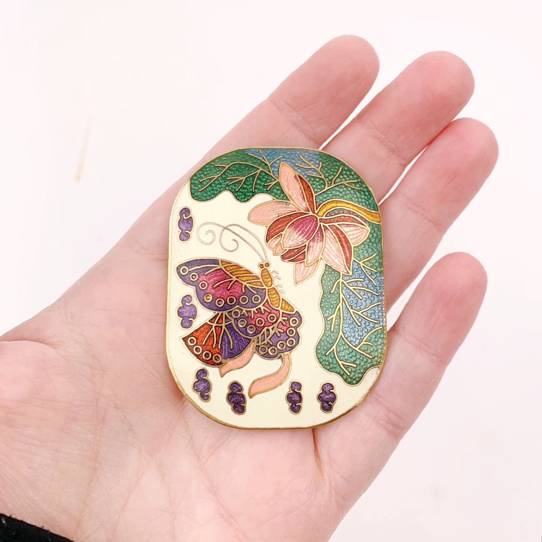 Vintage VINTAGE Cloisonne Butterfly Flower Gold Small Belt Buckle Unmarked 1.8" x 2.4" Size ONE SIZE - 6 Thumbnail