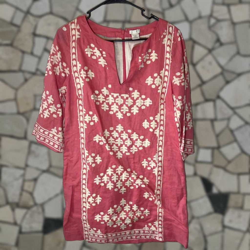 VINTAGE J.CREW Women's Dress Shift Linen Pink Geometric Long Sleeve V-Neck  8 Summer Casual