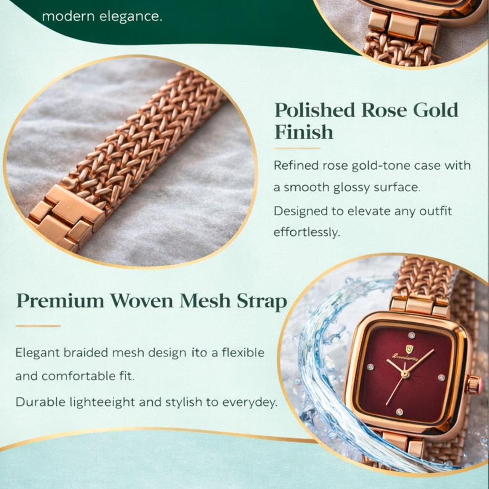 Other Gold Square Watch Red Dial Luxury Mesh Band Waterproof Size ONE SIZE - 5 Thumbnail