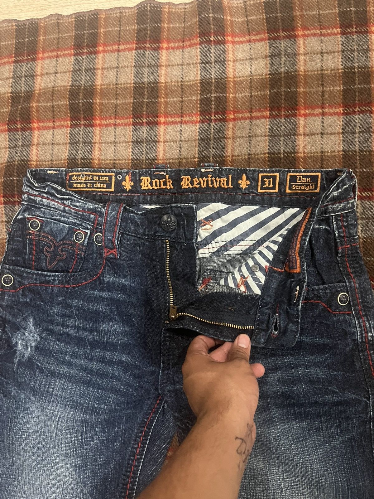 Rock Revival Y2K Rock Revival Dan Straight Blood Stitch dark washed Jeans Size US 31 - 5 Thumbnail