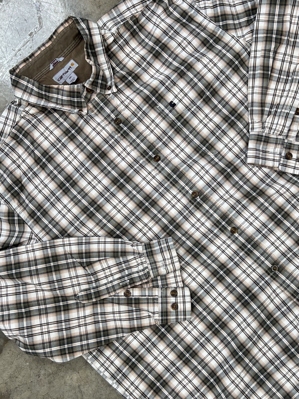 Carhartt × Vintage Vintage Carhartt Relaxed Fit Tan Brown Plaid Long Sleeve 2XL Size US XXL / EU 58 / 5 - 1 Thumbnail