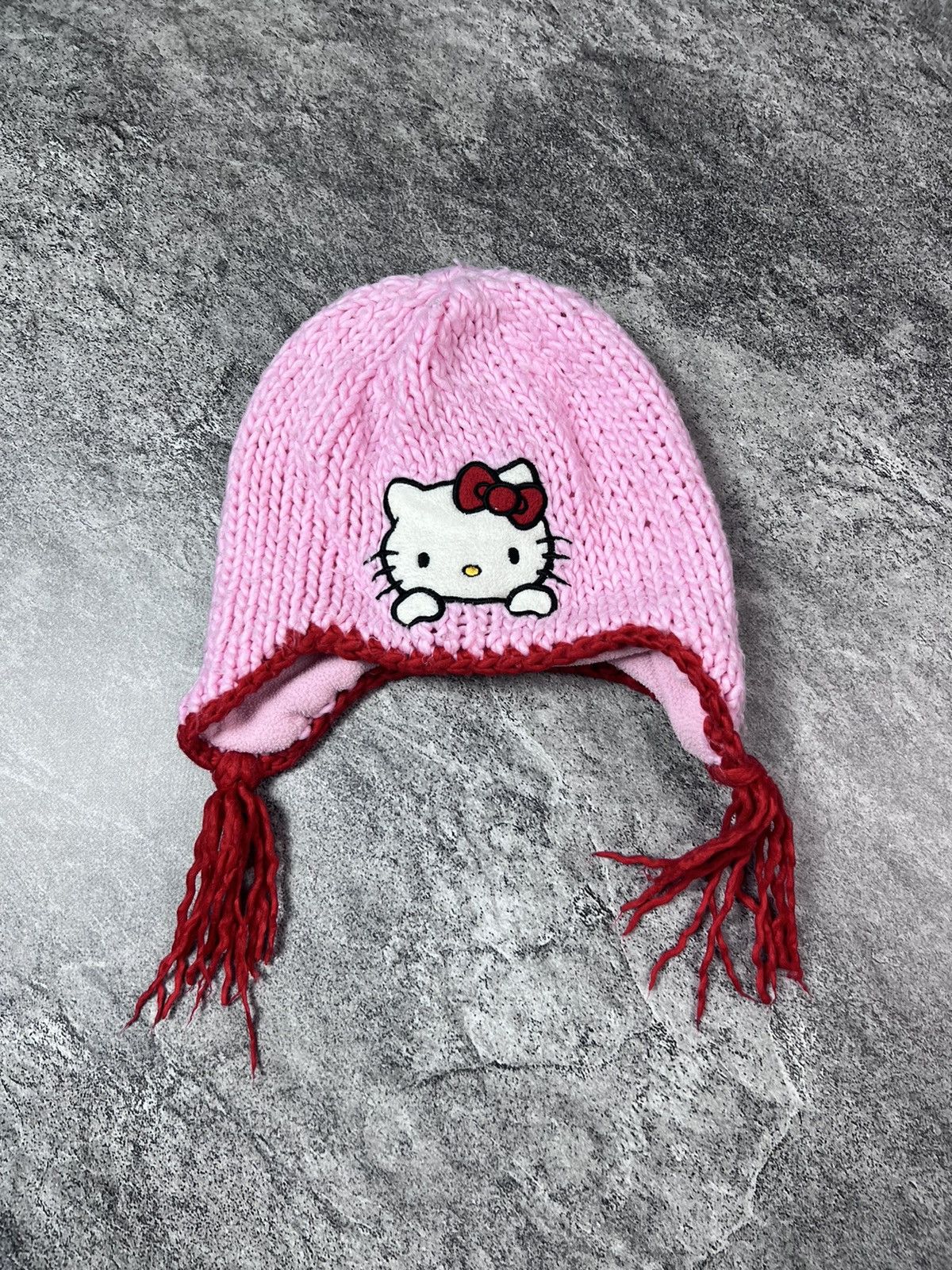 Pre-owned Cartoon Network Y2k Hello Kitty Knit Ushanka Japan Style Beanie Humor Hat In Pink