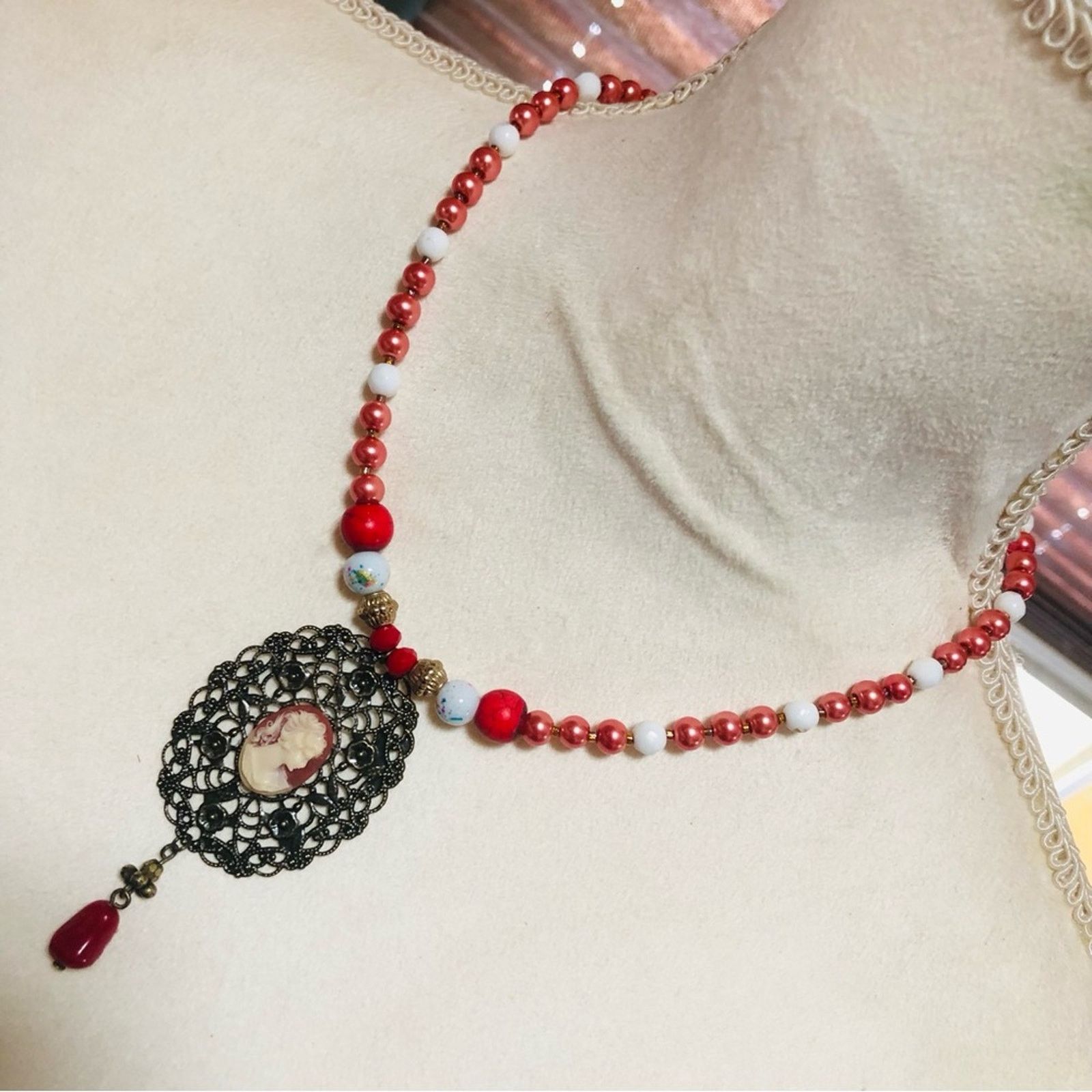 Handmade Handcrafted repurpose lady cameo Czech glass Pearl necklace Size ONE SIZE - 1 Thumbnail