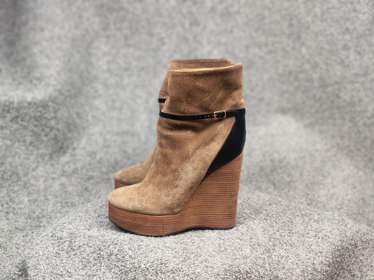 Chloé Marron Suede Beige Wedge Wooden Platform Heel Boots