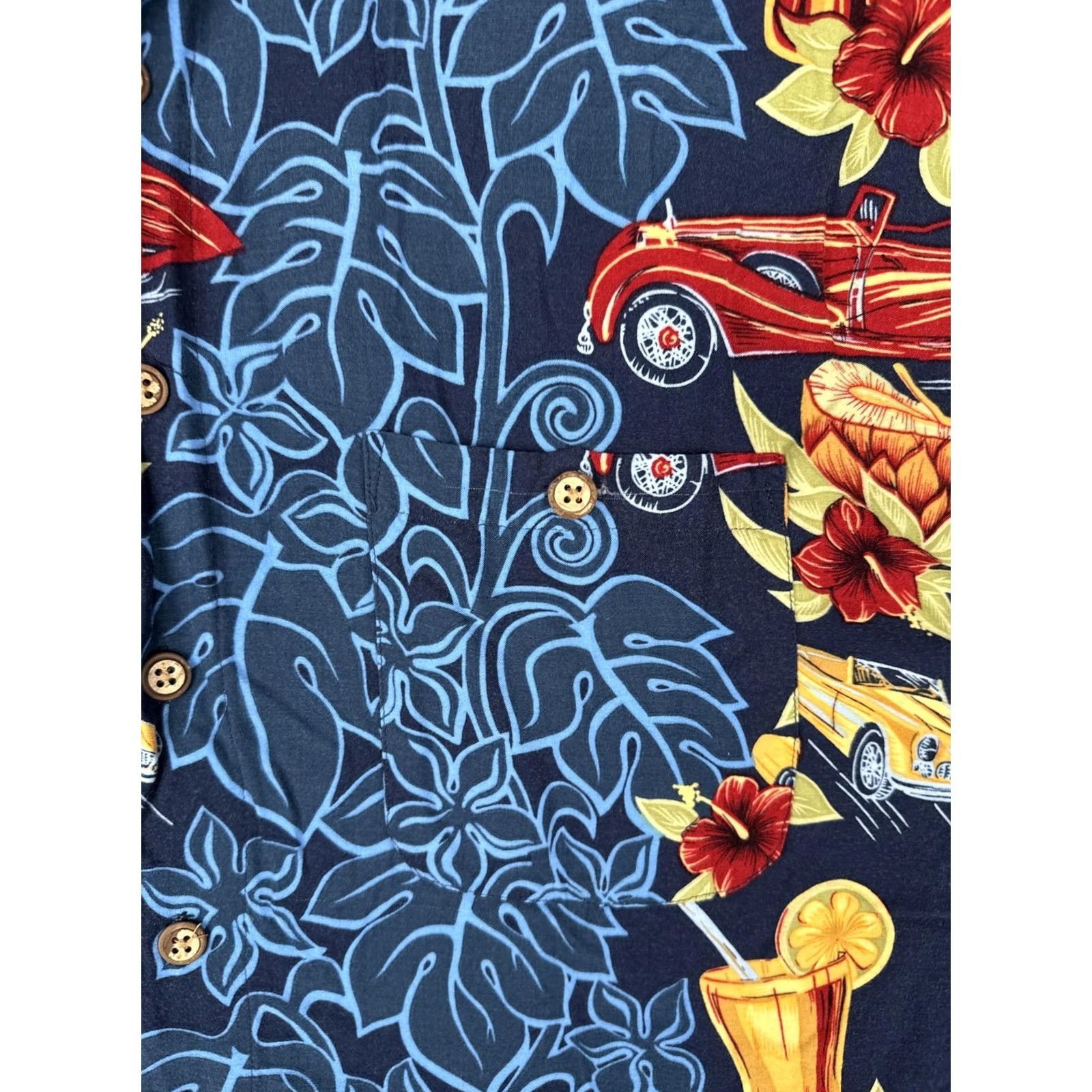 Vintage M.E Sport Shirt Mens 2XLT Blue Short Sleeve Button Up Hawaiian Cars Cocktail Hibiscus Tropical Graphic Print Casual Summer Size US XXL / EU 58 / 5 - 6 Thumbnail