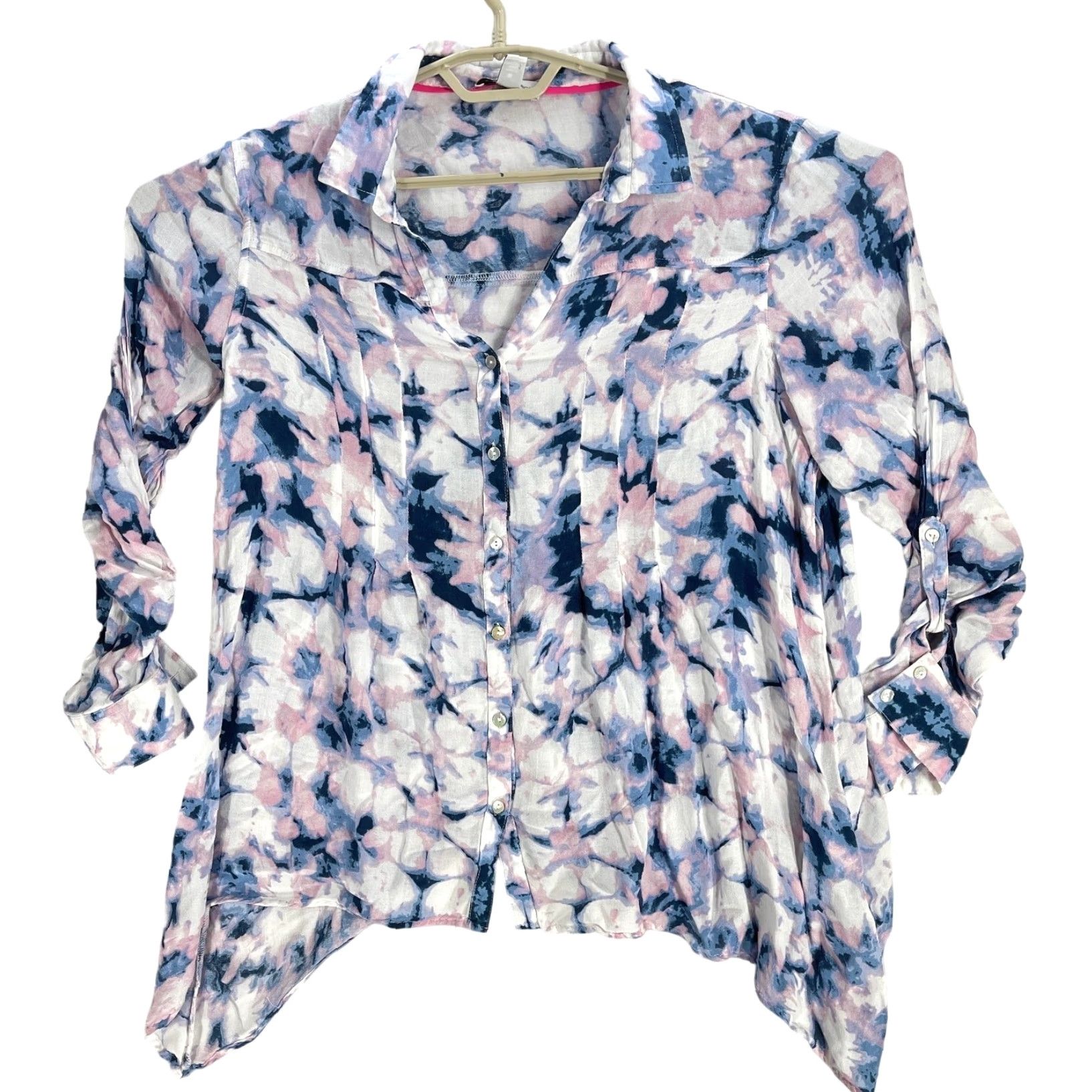 Vintage VINTAGE America Blouse Shirt Women XL Pink Blue Pastel Roll Tab Sleeves Abstract Long Sleeve Button Casual Office Size XL / US 12-14 / IT 48-50 - 2 Thumbnail