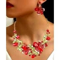 Handmade Red Floral Crystal Necklace Earrings Set New Christmas Jewel Size ONE SIZE - 2 Thumbnail