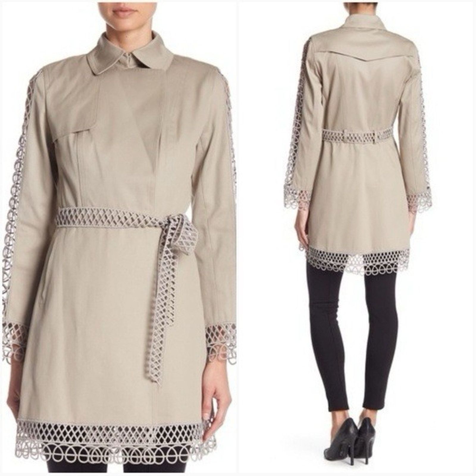 Elie Tahari Taglia Scallop Lace Tan Beige Trench Coat Xs, Women's