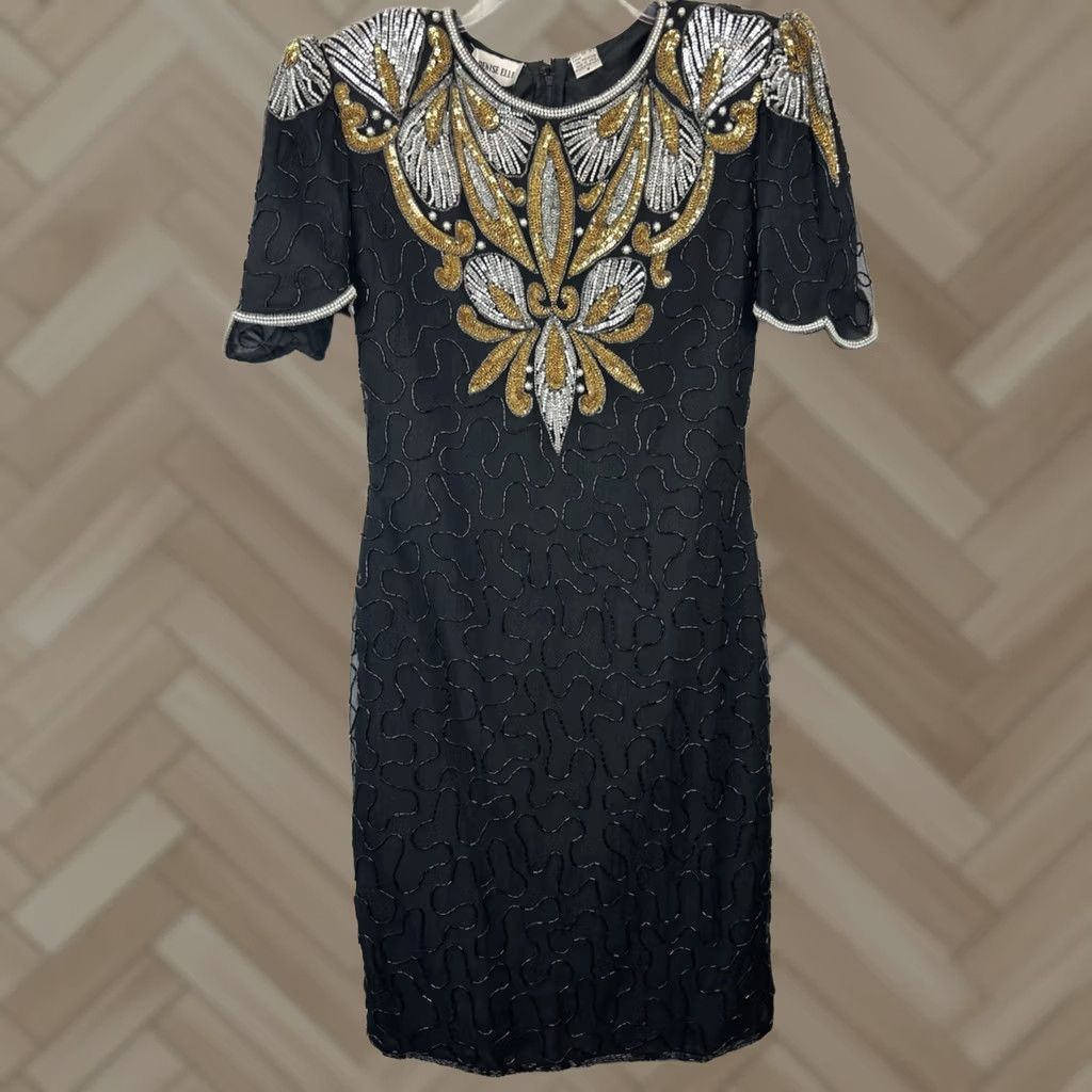 Vintage VINTAGE Denise Elle Beaded Evening Dress Silk Black 80s Medium M 100% Silk Cocktail Party Womens Size M / US 6-8 / IT 42-44 - 1 Thumbnail